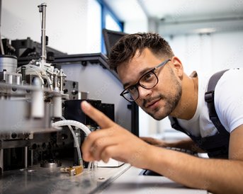 Ein Mann mit Brille arbeitet an einer Maschine und zeigt mit dem Finger auf ein Detail. Er trägt einen Overall und sieht konzentriert aus.